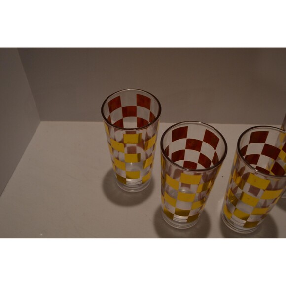 Vintage Tall Glasses 1950s Gold Checkerboard Set of Four Heavy - Picture 5 of 6